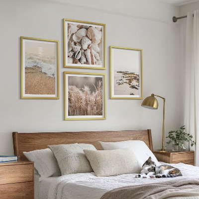 Tavelvägg med 4 tavlor Strandgräs vågor stenar boho