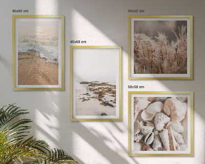 Tavelvägg med 4 tavlor Strandgräs vågor stenar boho