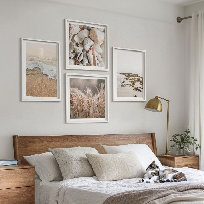 Tavelvägg med 4 tavlor Strandgräs vågor stenar boho
