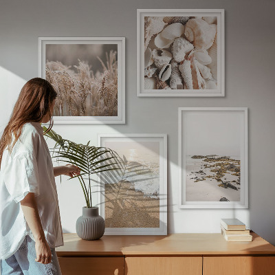 Tavelvägg med 4 tavlor Strandgräs vågor stenar boho
