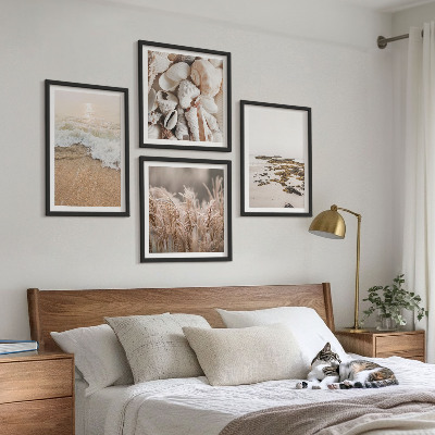 Tavelvägg med 4 tavlor Strandgräs vågor stenar boho