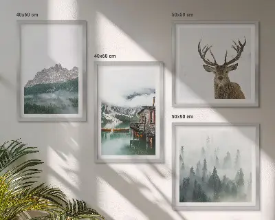 Tavelvägg med motiv av berg, sjö, rådjur, hydda och dimma ovanför soffan