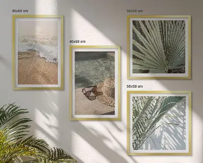 Set med 4 tavlor vatten strandhatt och solglasögon