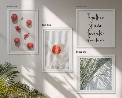 Tavelvägg ovanför soffa med motiv av palmfrukt från semestern