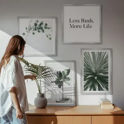 Tavelvägg med gröna växter minimalistiskt motiv ovanför soffan