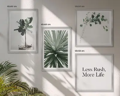 Tavelvägg med gröna växter minimalistiskt motiv ovanför soffan