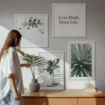 Tavelvägg med gröna växter minimalistiskt motiv ovanför soffan