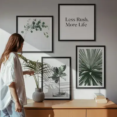 Tavelvägg med gröna växter minimalistiskt motiv ovanför soffan