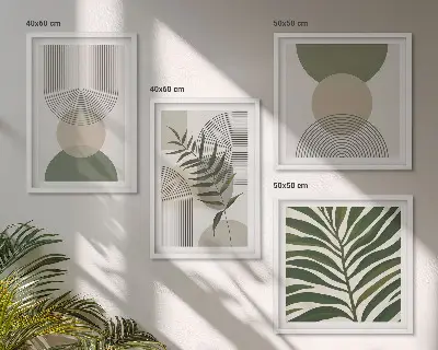 Tavelvägg med 4 tavlor med abstrakta löv i bohostil