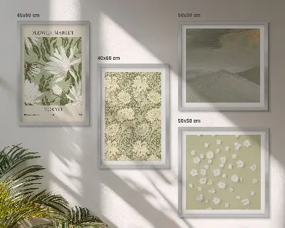 Blommiga abstraktioner i bohemisk stil tavelvägg för placering ovanför soffa