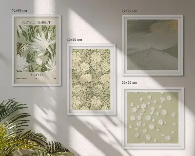 Blommiga abstraktioner i bohemisk stil tavelvägg för placering ovanför soffa