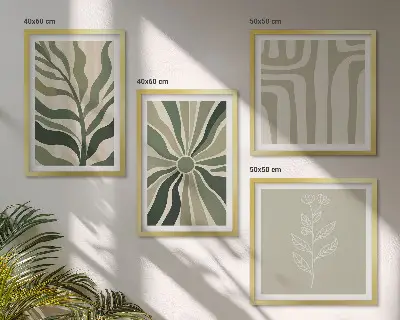 Växtmönster grön minimalism set om 4 tavlor