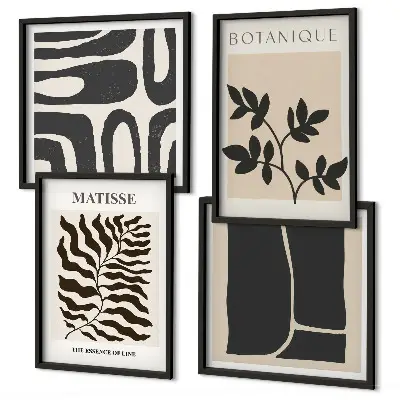 Minimalistiska växtposters tavelvägg ovanför soffan