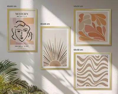 Tavelvägg med 4 tavlor sol, boho och pastellformer