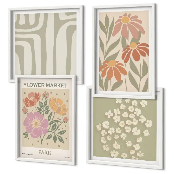 Tavelvägg ovanför soffa botaniska motiv i minimalistisk stil