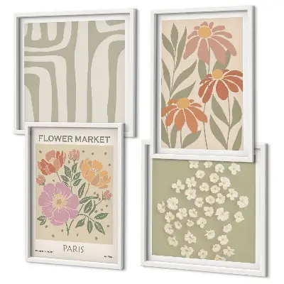 Tavelvägg ovanför soffa botaniska motiv i minimalistisk stil
