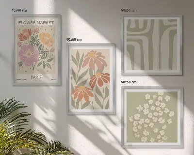 Tavelvägg ovanför soffa botaniska motiv i minimalistisk stil