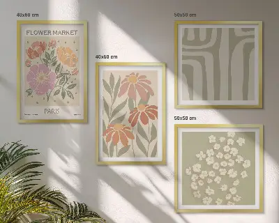 Tavelvägg ovanför soffa botaniska motiv i minimalistisk stil