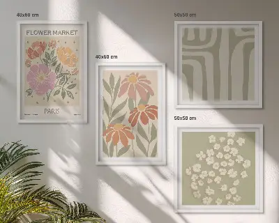 Tavelvägg ovanför soffa botaniska motiv i minimalistisk stil