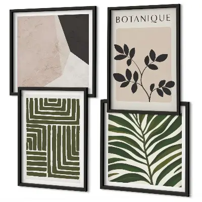 Tavelvägg ovanför soffa med botanisk boho-komposition