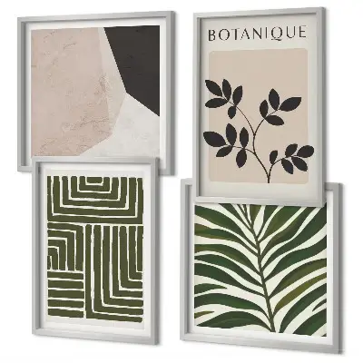 Tavelvägg ovanför soffa med botanisk boho-komposition