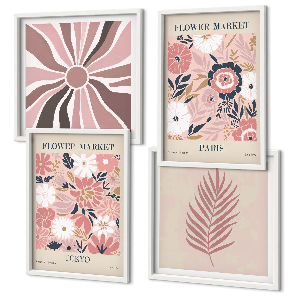Tavelvägg med 4 tavlor Blommönster lämnar geometri