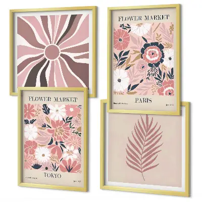 Tavelvägg med 4 tavlor med motiv av blommönster, blad och geometri