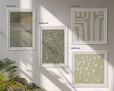 Abstrakta boho-mönster tavelvägg ovanför soffan