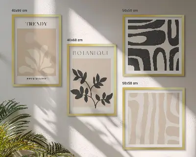 Set med 4 tavlor med snygga växtmönster i beige och svart