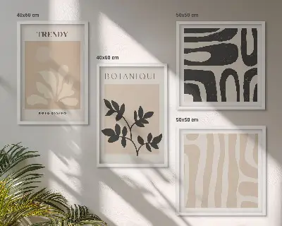 Set med 4 tavlor med snygga växtmönster i beige och svart