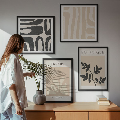 Set om 4 tavlor Snygga växtmönster i beige och svart