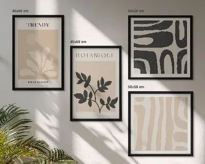 Set med 4 tavlor med snygga växtmönster i beige och svart