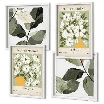 Tavelvägg med 4 tavlor med blommönster London och Dublin