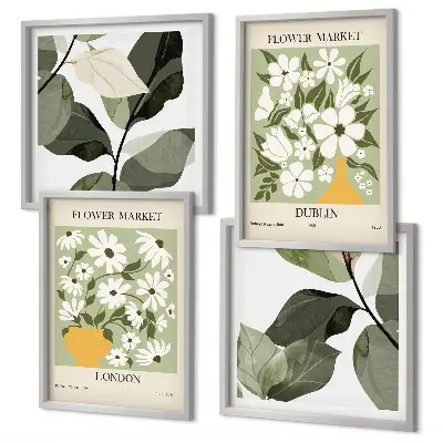 Tavelvägg med 4 tavlor med blommönster London och Dublin