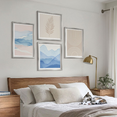 Tavelvägg med 4 tavlor Lövvågor beige blå