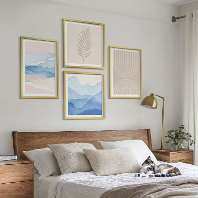 Tavelvägg med 4 tavlor Lövvågor beige blå