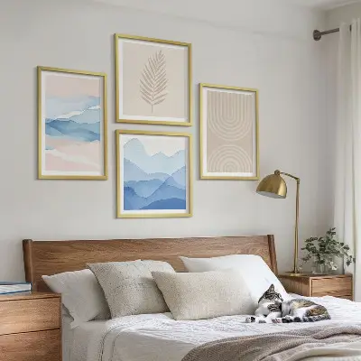 Tavelvägg med 4 tavlor Lövvågor i beige och blått