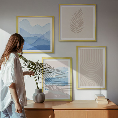 Tavelvägg med 4 tavlor Lövvågor beige blå