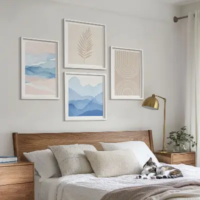 Tavelvägg med 4 tavlor Lövvågor i beige och blått
