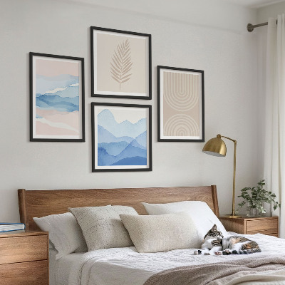 Tavelvägg med 4 tavlor Lövvågor beige blå