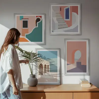Pastell minimalistisk grafik set om 4 tavlor