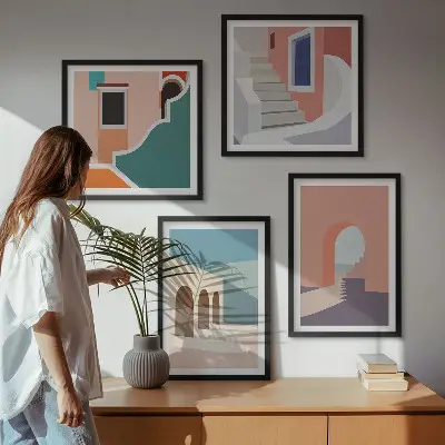 Pastell minimalistisk grafik set om 4 tavlor