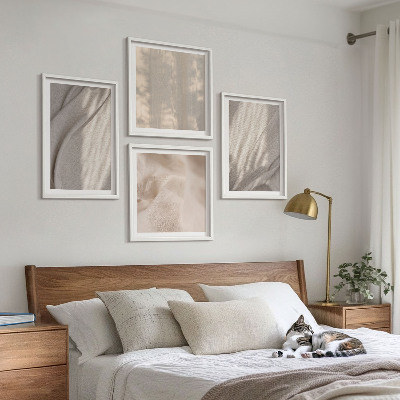 Tavelvägg ovanför soffa Naturliga boho-tyger närbild