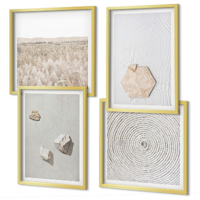 Tavelvägg ovanför soffa Ljusa boho sandtexturer