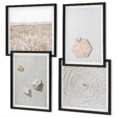 Tavelvägg ovanför soffa Ljusa boho sandtexturer