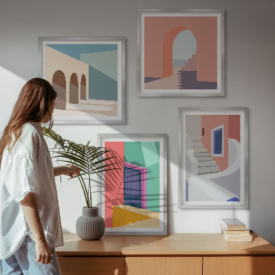 Tavelvägg ovanför soffa Färgglada moderna byggnader