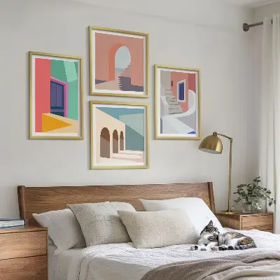 Tavelvägg med moderna byggnader färgglad design för väggen ovanför soffan