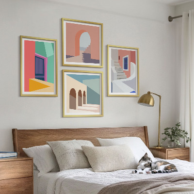 Tavelvägg ovanför soffa Färgglada moderna byggnader