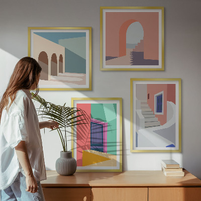 Tavelvägg ovanför soffa Färgglada moderna byggnader