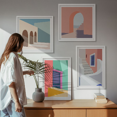 Tavelvägg ovanför soffa Färgglada moderna byggnader